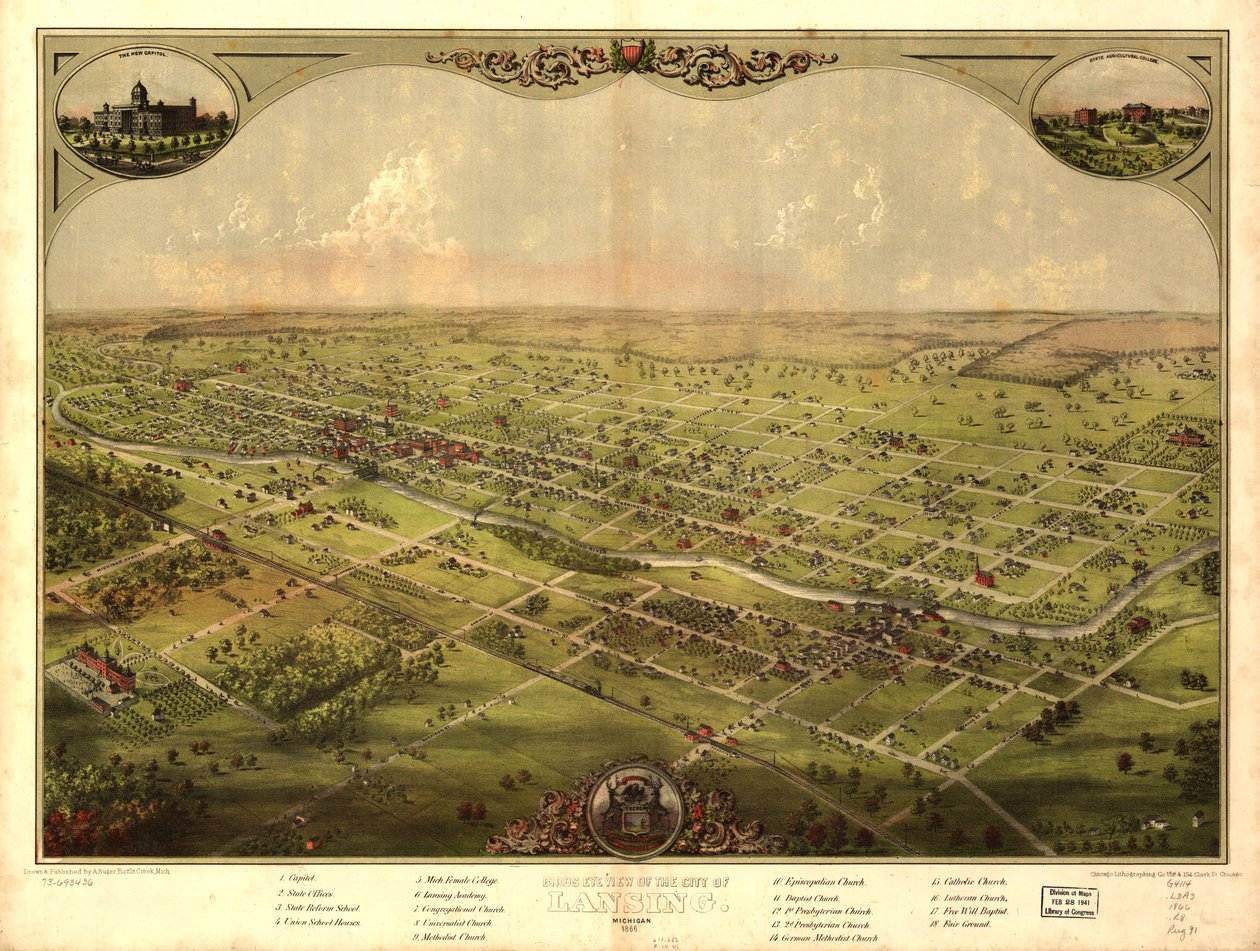 Vista aérea da cidade de Lansing, Michigan, 1866. LOC 73693436 de A.; Chicago Lithographing Co. Ruger