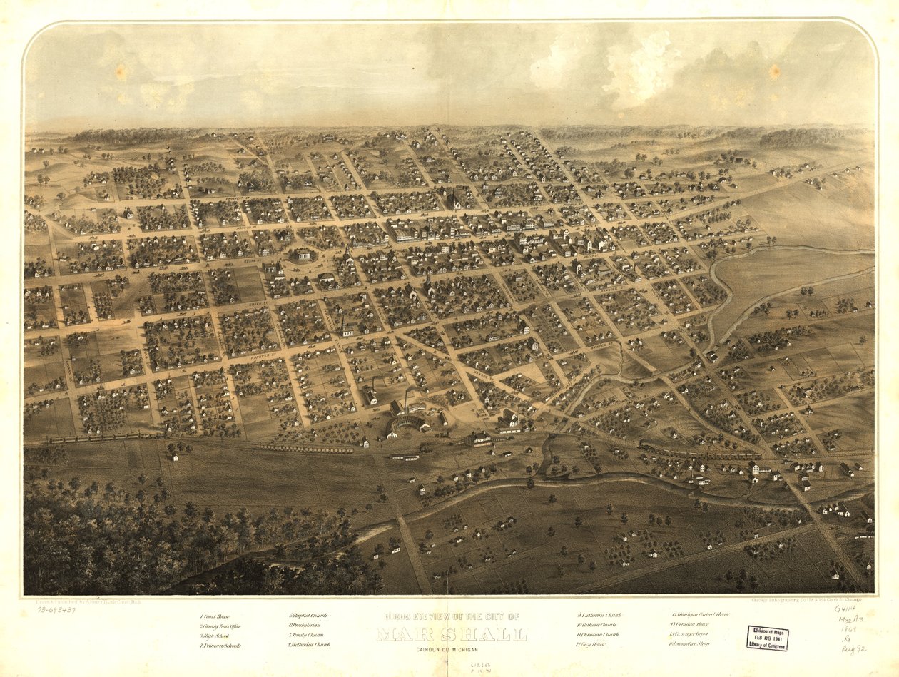 Vista aérea da cidade de Marshall, Calhoun Co., Michigan. LOC 73693437 de A.; Chicago Lithographing Co. Ruger