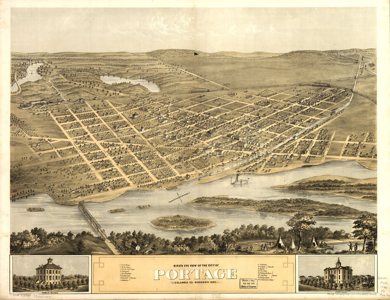 Vista aérea da cidade de Portage, Columbia Co., Wisconsin, 1868. LOC 73694548 de A.; Chicago Lithographing Co. Ruger