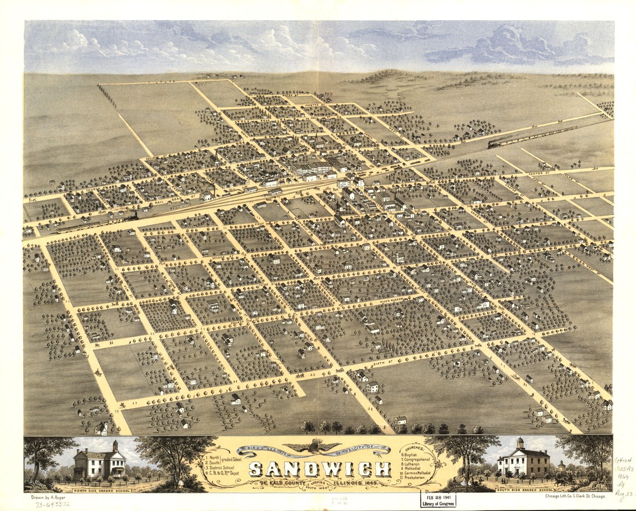 Vista aérea da cidade de Sandwich, Condado de De Kalb, Illinois, 1869. LOC 73693372 de A.; Chicago Lithographing Co. Ruger