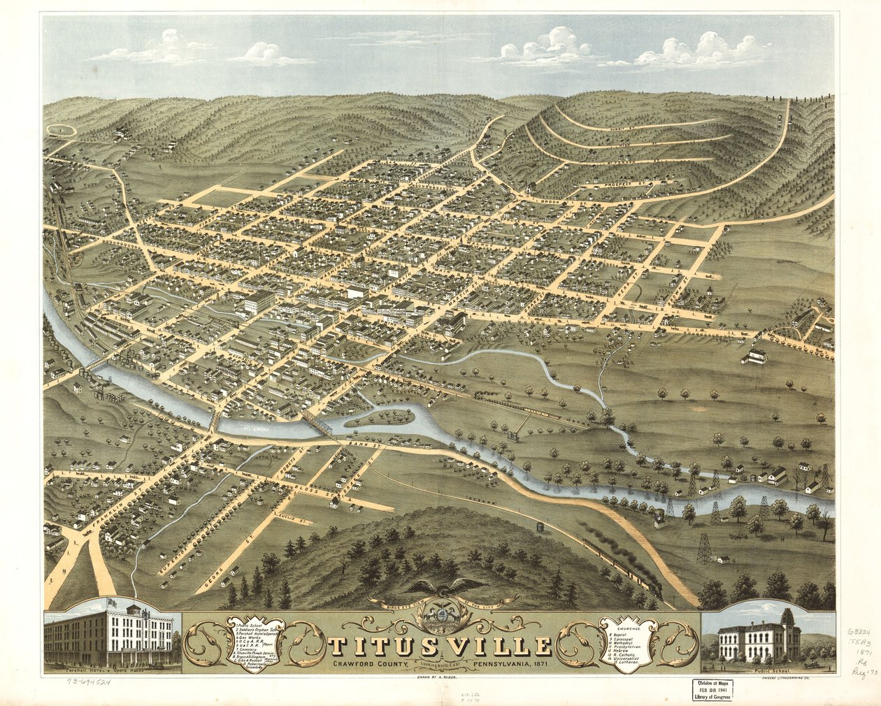 Vista aérea da cidade de Titusville, Condado de Crawford, Pensilvânia, 1871. LOC 73694524 de A.; Chicago Lithographing Co. Ruger