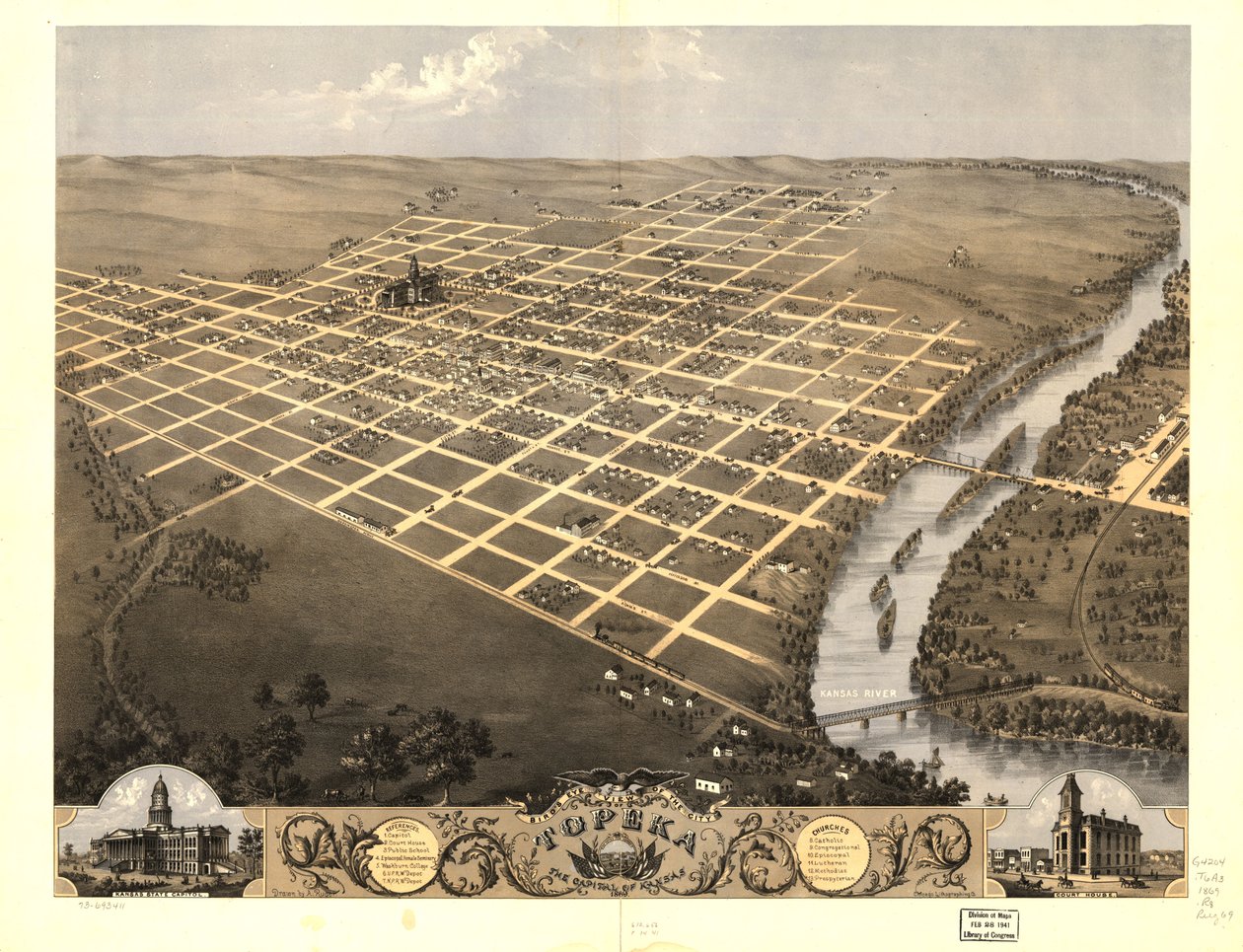 Vista aérea da cidade de Topeka, capital do Kansas, 1869. LOC 73693411 de A.; Chicago Lithographing Co. Ruger