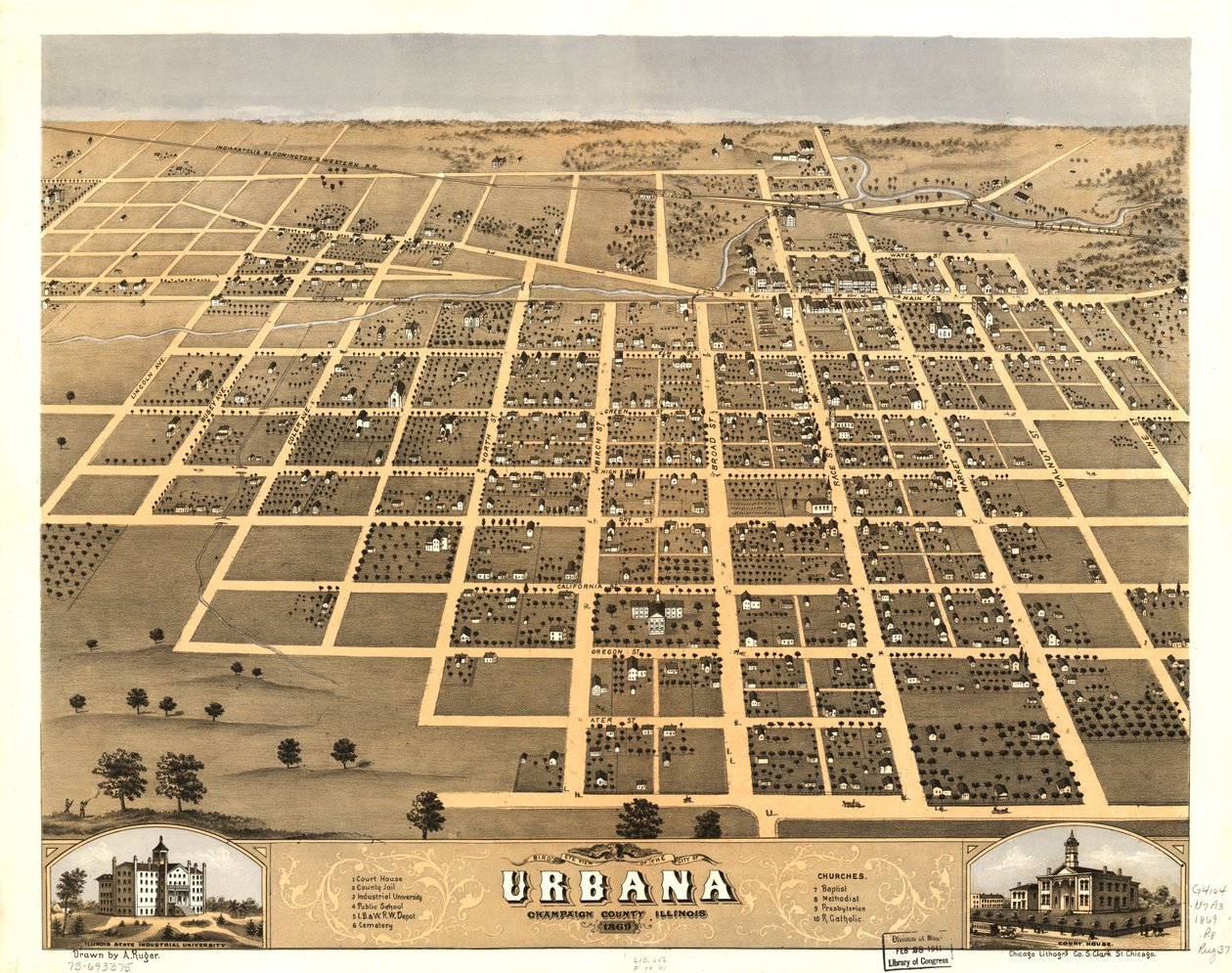 Vista aérea da cidade de Urbana, Condado de Champaign, Illinois, 1869. LOC 73693375 de A.; Chicago Lithographing Co. Ruger