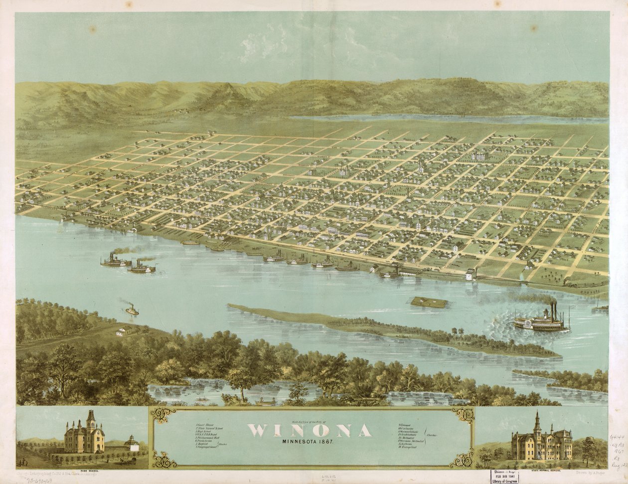 Vista aérea da cidade de Winona, Minnesota, 1867. LOC 73693469 de A.; Chicago Lithographing Co. Ruger