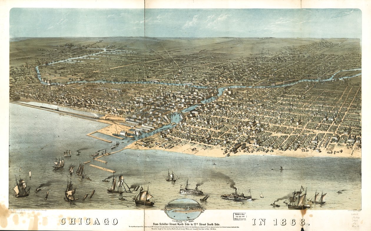 Chicago em 1868, do lado norte da Schiller Street até ao lado sul da 12th Street. LOC 73693350 de A.; Chicago Lithographing Co. Ruger