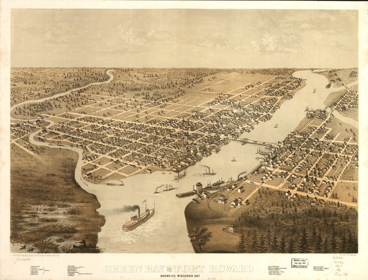 Green Bay e Fort Howard, Brown Co., Wisconsin 1867. LOC 73694541 de A.; Chicago Lithographing Co. Ruger