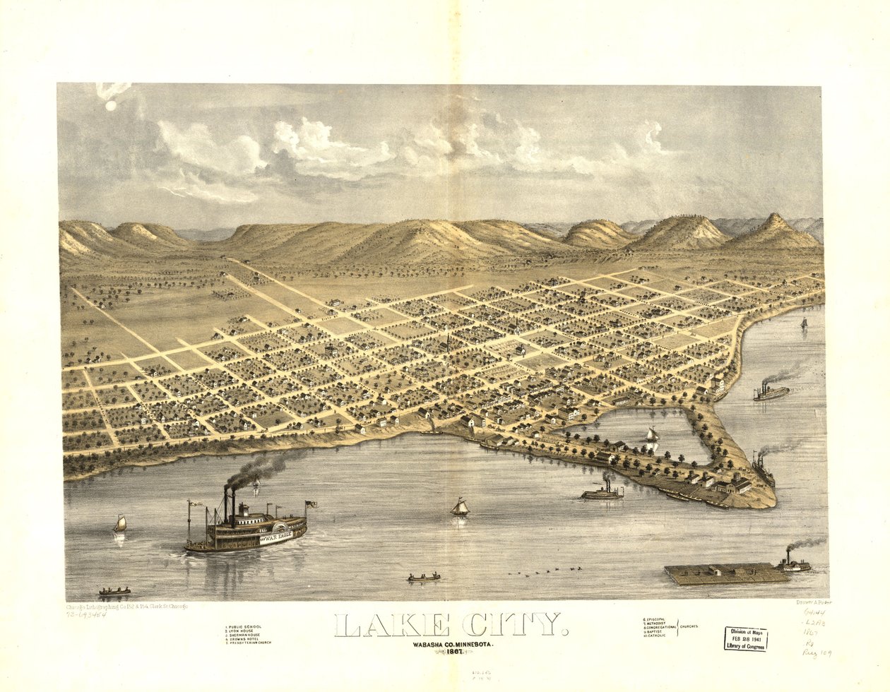 Lake City, Wabasha Co., Minnesota 1867. LOC 73693454 de A.; Chicago Lithographing Co. Ruger