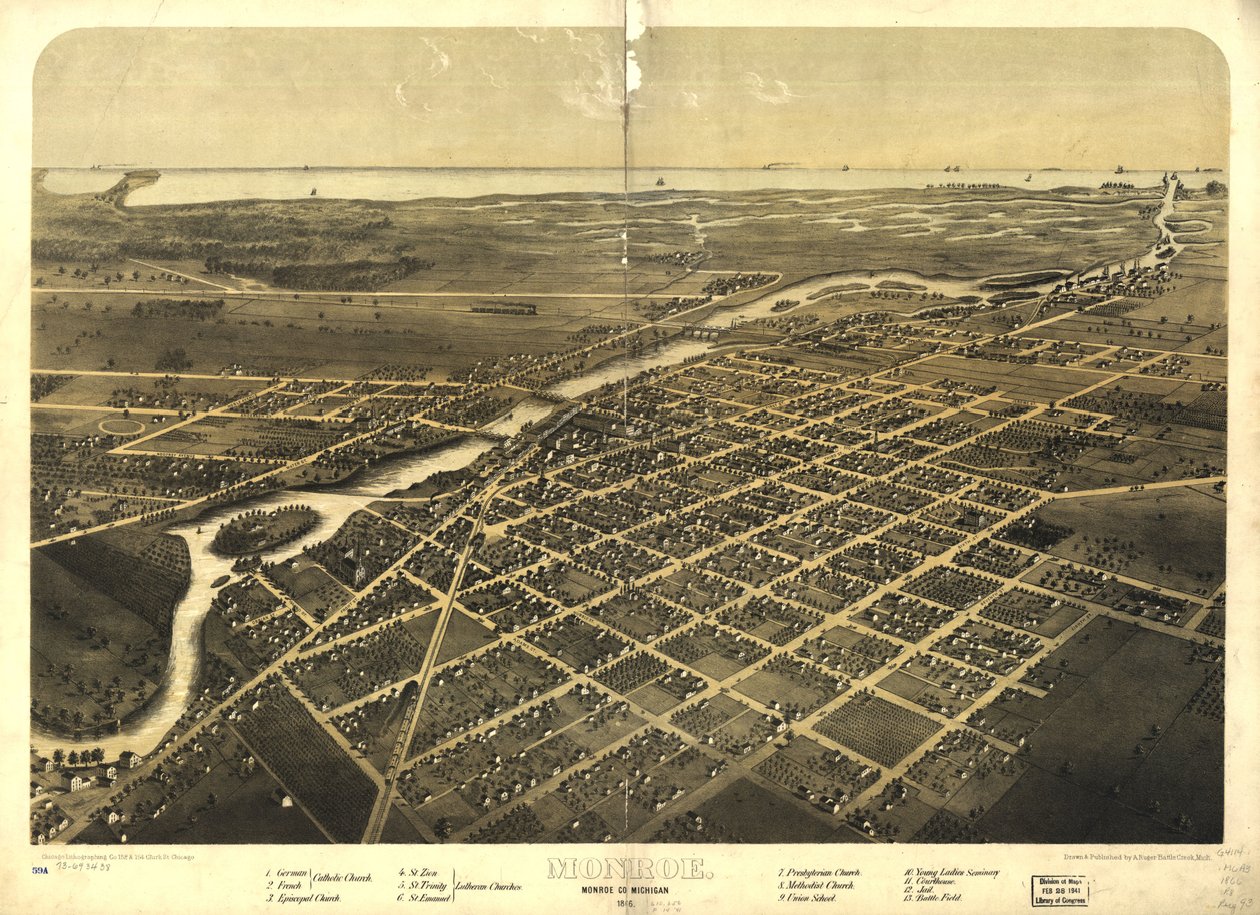 Monroe, Monroe Co., Michigan 1866. LOC 73693438 de A.; Chicago Lithographing Co. Ruger