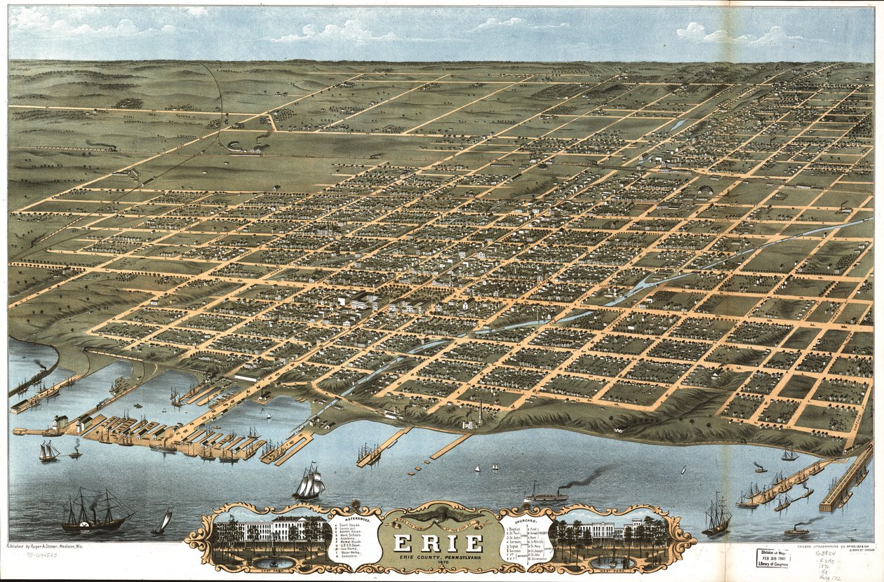 Vista aérea da cidade de Erie, Condado de Erie, Pensilvânia, 1870. de A. Chicago Lithographing Co. Ruger and Stoner Ruger