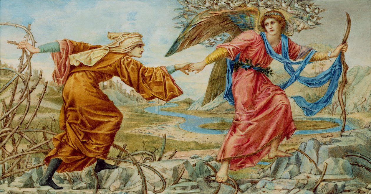 Amor que conduz o peregrino após o senhor CE Burne-Jones, 1894 (óleo no ivorine) de A. Corsi Lalli