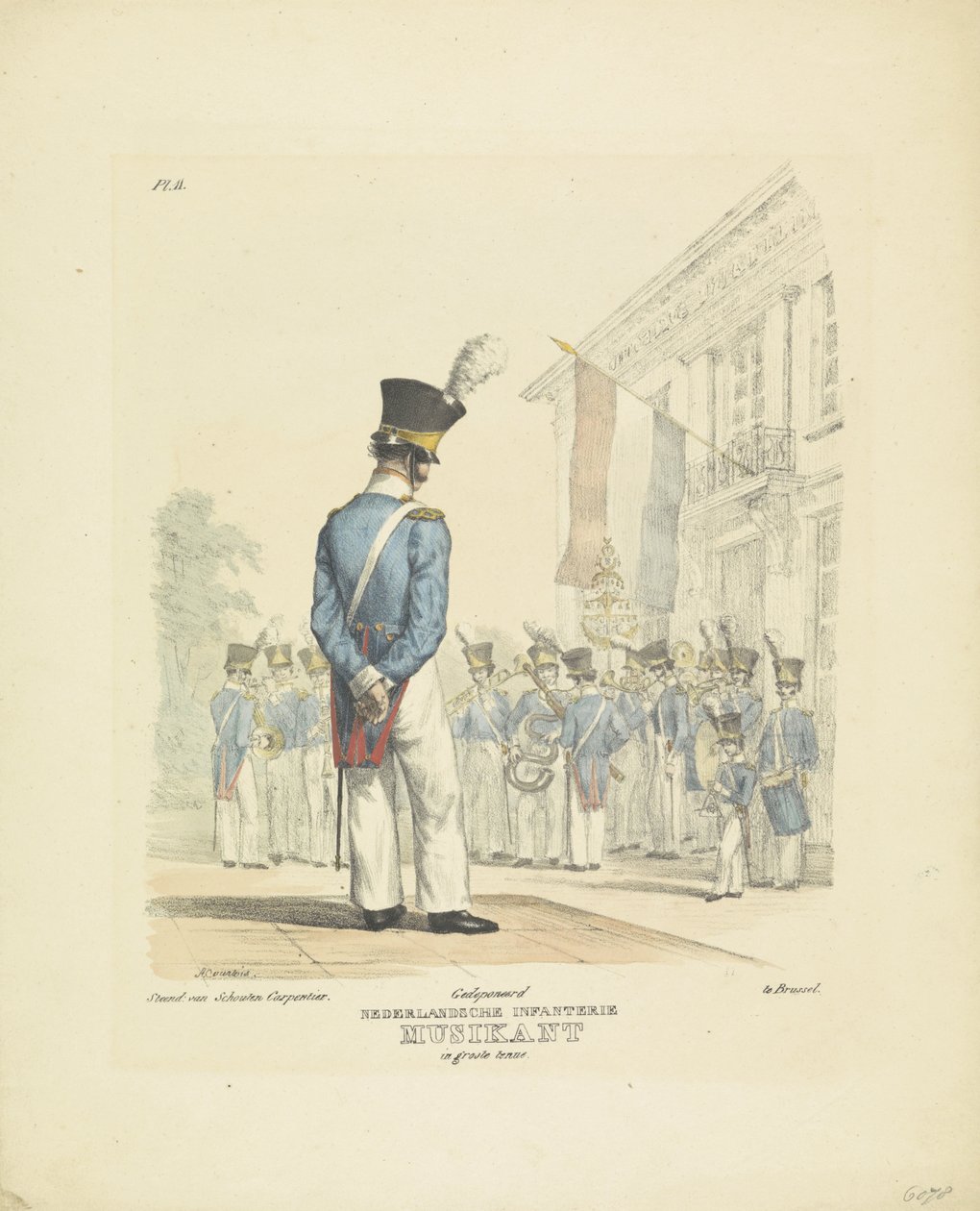 Músico em uniforme completo Músico em traje completo, 1820-1825 Nederlandsche Infanterie Musikant em grande uniforme (título no objeto) Trajes militares do Reino dos Países Baixos. Dedicado a Sua Excelência Willem van Bylandt (título da série em obj de A. Courtois