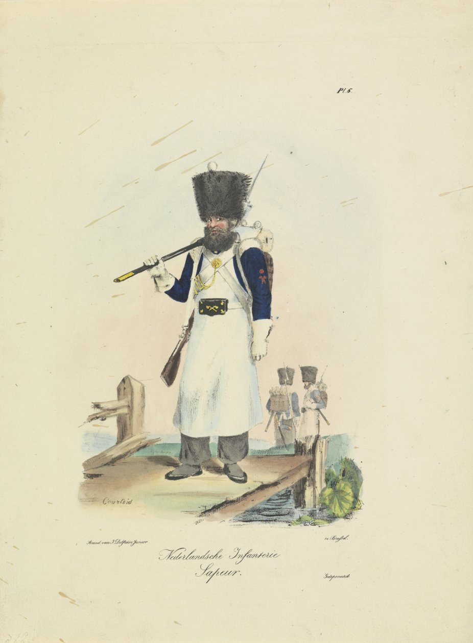 Sapper, 1820-1825
Infantaria holandesa. Sapeur (título sobre o objecto)
Fatos militares do Reino dos Países Baixos. Dedicado a Sua Excelência William de Bylandt (título da série sobre o objecto) de A. Courtois