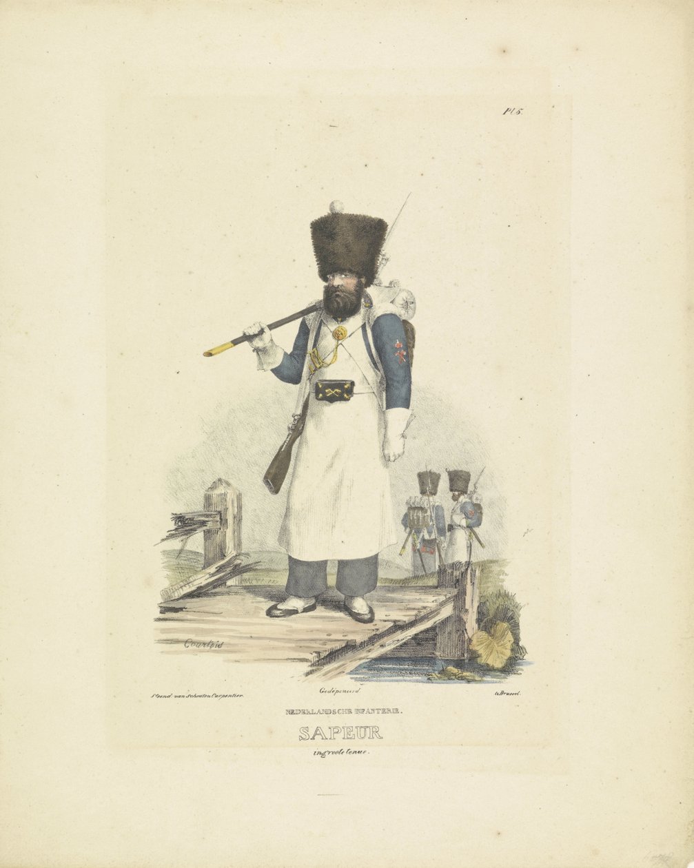 Sapador em grande traje, 1820-1825
Infantaria holandesa. Sapper in full dress (título sobre o objecto)
Fatos militares do Reino dos Países Baixos. Dedicado a Sua Excelência Willem van Bylandt (título da série sobre o objecto) de A. Courtois