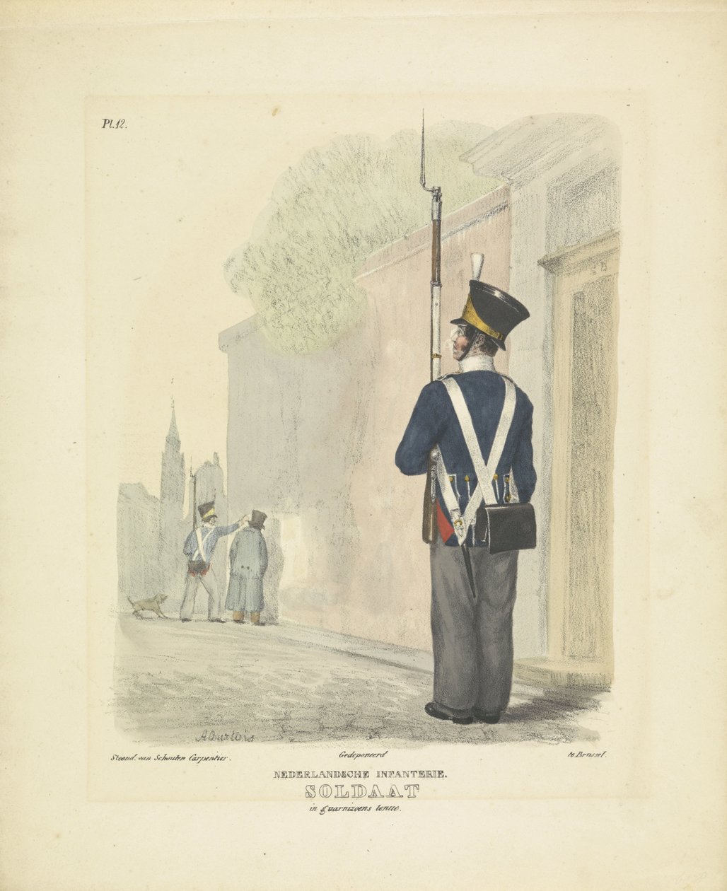 Soldado em vestido de guarnição, 1820-1825
Infantaria holandesa. Soldado em vestido de guarnição (título sobre o objecto)
Fatos militares do Reino dos Países Baixos. Dedicado a Sua Excelência William de Bylandt (título da série sobre o objecto) de A. Courtois