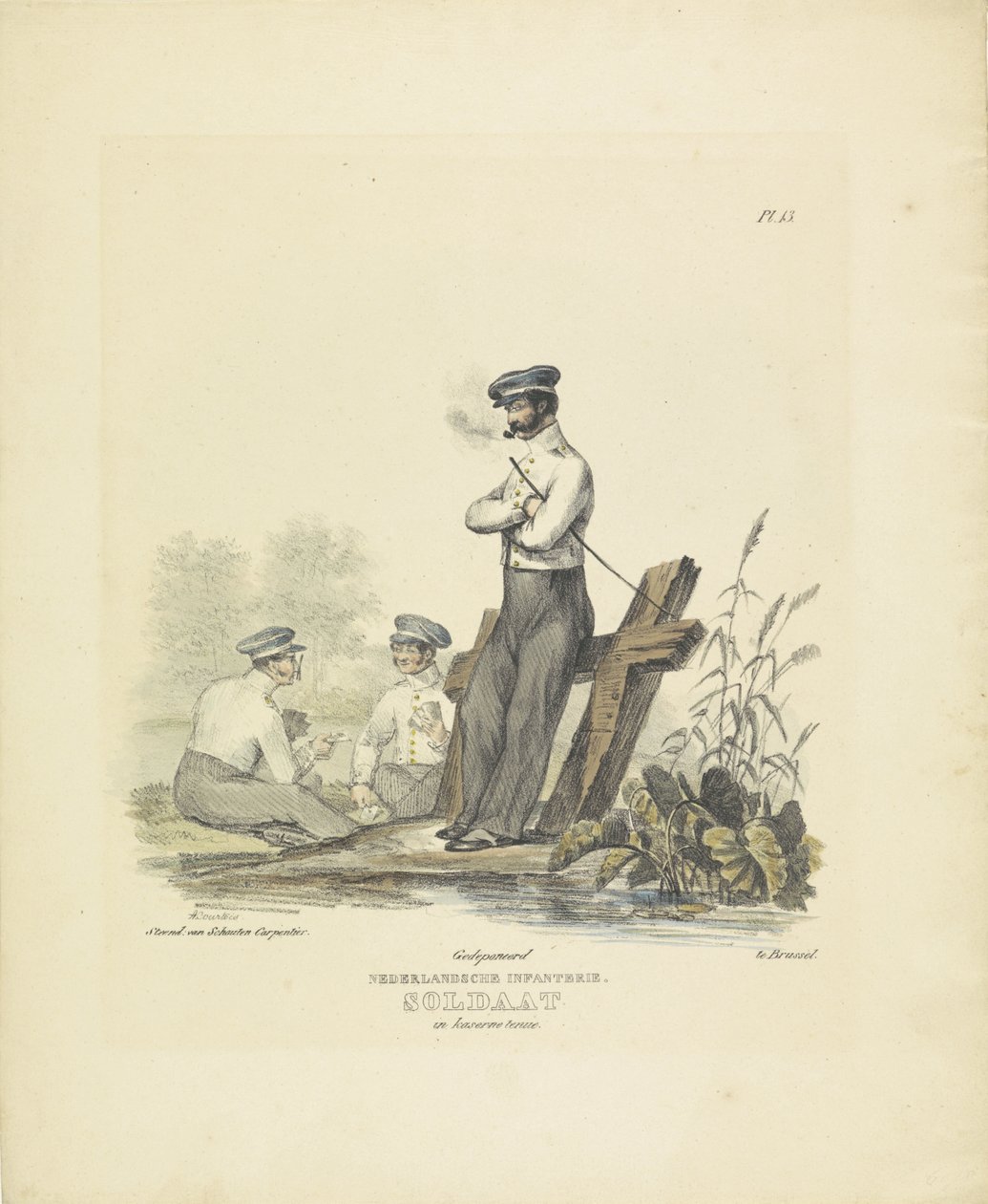 Soldado em equipamento de quartel, 1820-1825
Infantaria holandesa. Soldado em equipamento de quartel (título sobre o objecto)
Fatos militares do Reino dos Países Baixos. Dedicado a Sua Excelência Willem van Bylandt (título da série sobre o objecto) de A. Courtois