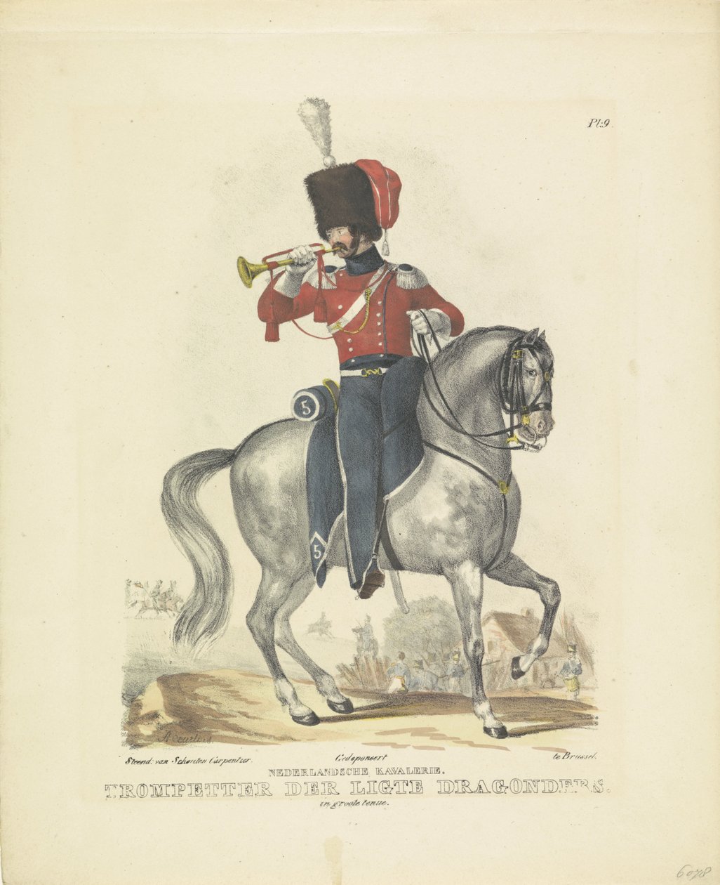 Trompetista em uniforme completo Trompetista em grande uniforme, 1820-1825 Cavalaria Holandesa. Trompetista dos Dragões Ligte. em grande roupa (título no objeto) Trajes militares do Reino dos Países Baixos. Dedicado a Sua Excelência Guilherme de B de A. Courtois