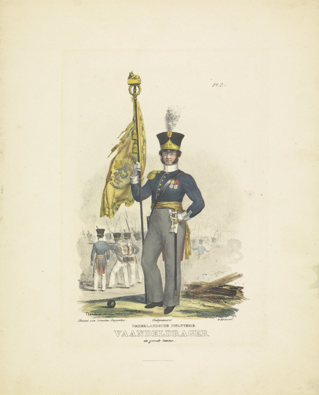Porta-estandarte em vestido completo, 1820-1825
Infantaria holandesa. Alferes em vestido completo (título sobre o objecto)
Fatos militares do Reino dos Países Baixos. Dedicado a Sua Excelência William de Bylandt (título da série sobre o objecto) de A. Courtois