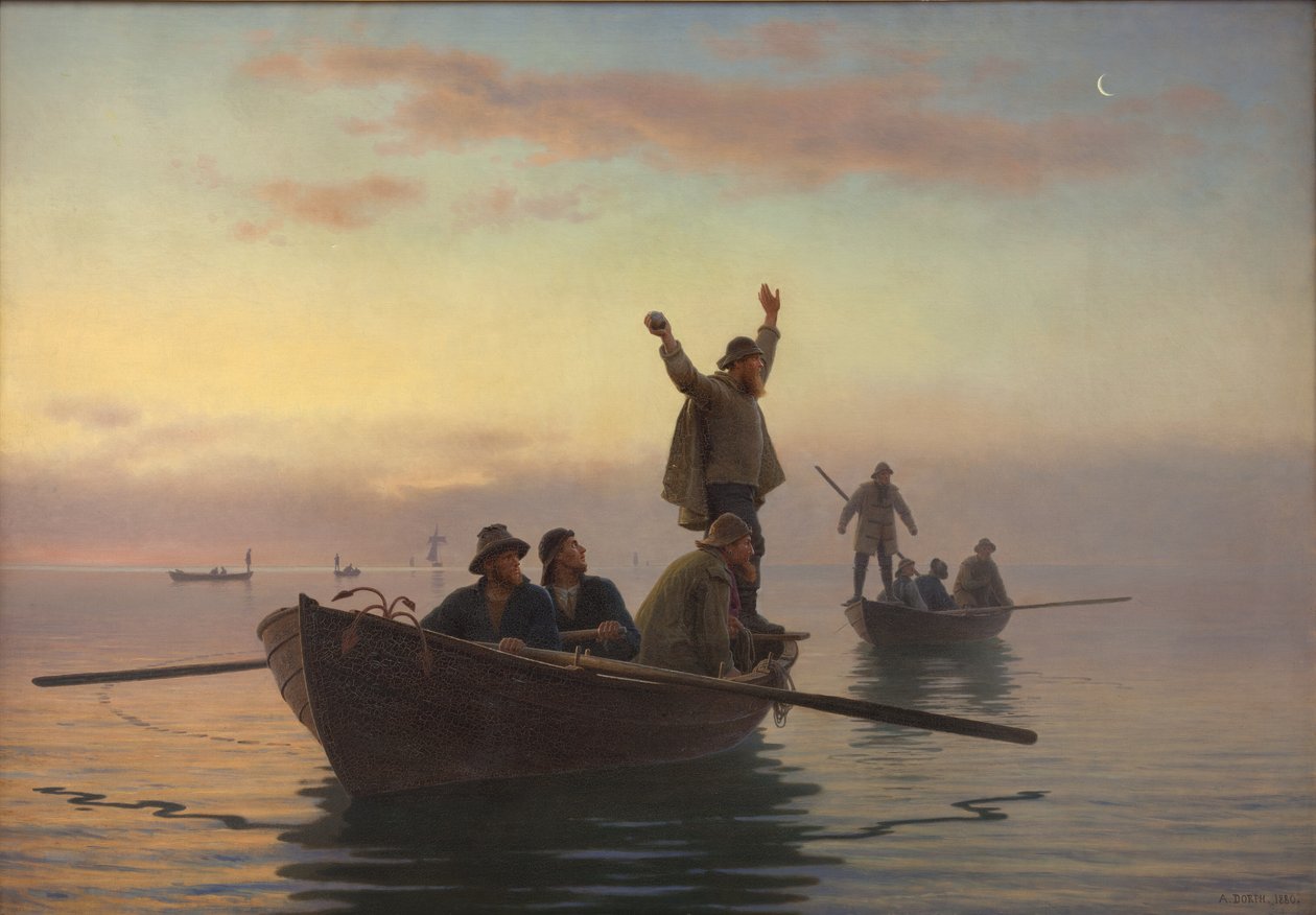 Pesca de chifre com rede de deriva. De manhã cedo de A. Dorph