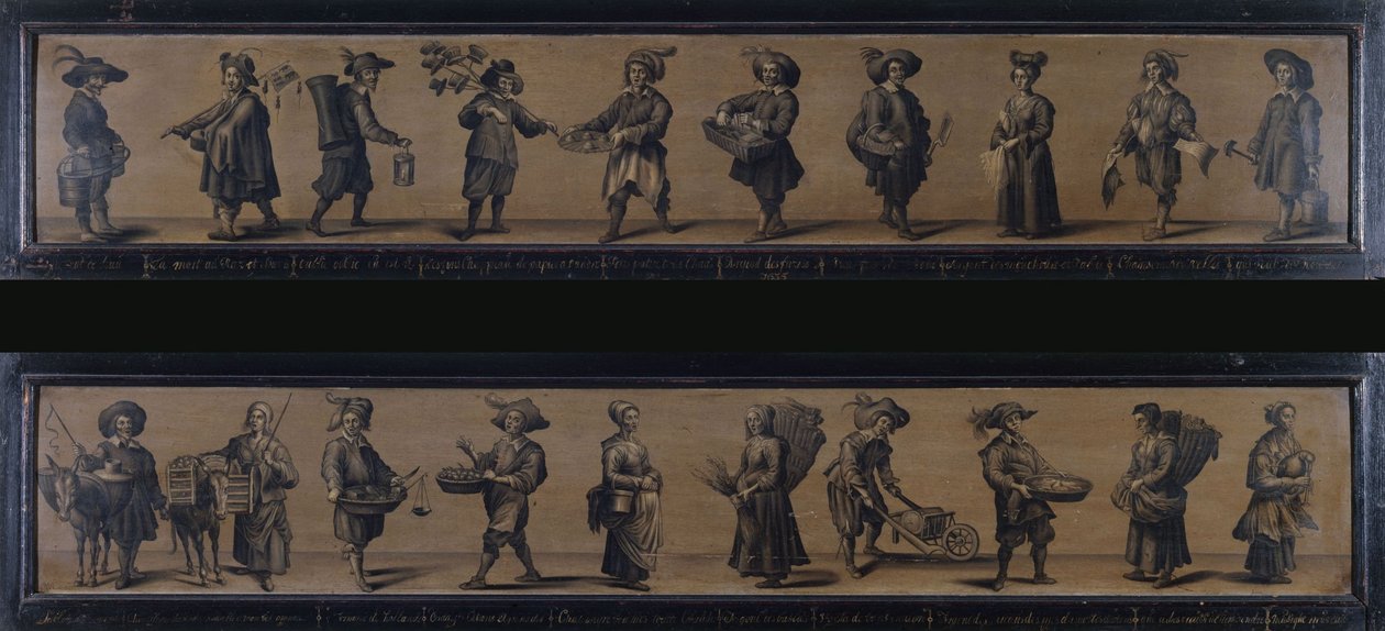Les Cris de Paris, em 1634 (óleo sobre madeira) de A. Doy