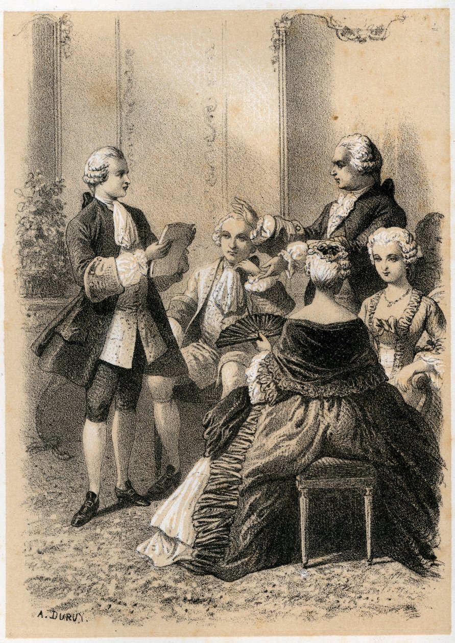 Antoine-Marin Lemierre lendo Hypermnestra a Jean-Baptiste Vivien de Chateaubrun, ilustração de 