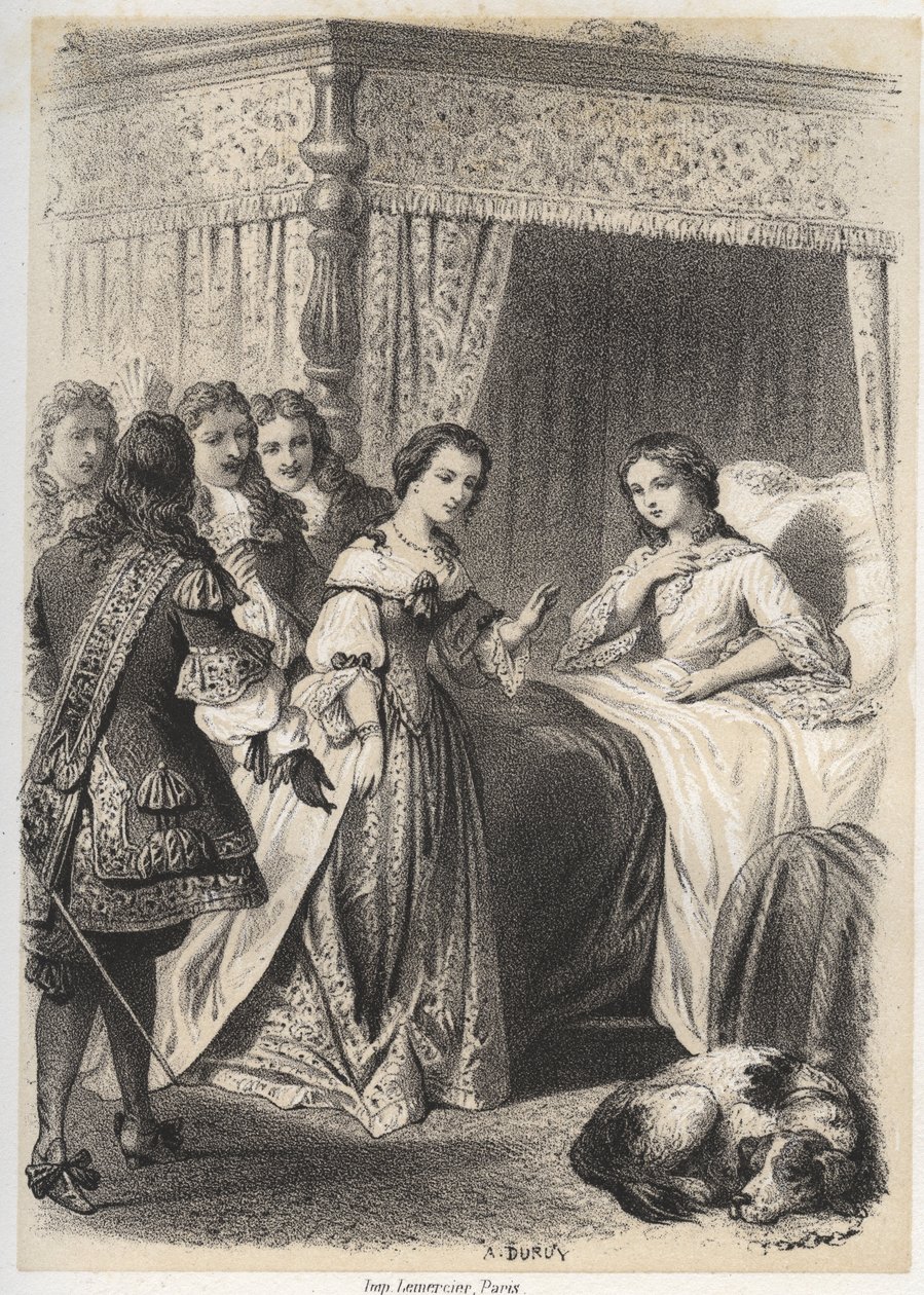 Madame Deshoulieres, Antoinette Ligier de La garde (1637-1694), sobrecarregada com perguntas da sua comitiva depois de uma noite passada com o medo do fantasma. Gravado por A. Duruy em "Illustrations litteraires de la France; ou, Galerie anecdotique de nos de A. Duruy