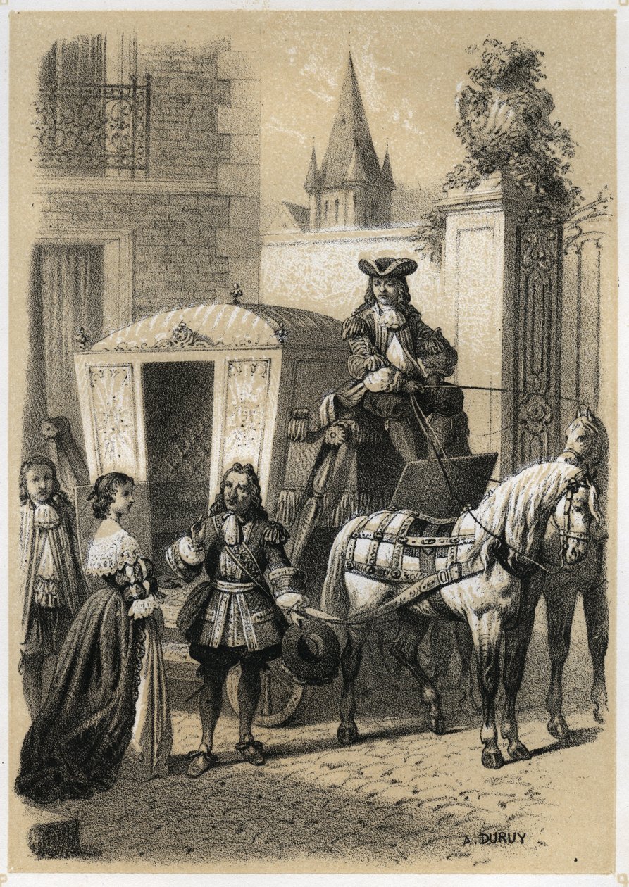 Marie de Rabutin-Chantal (Rabutin Chantal), Marquise de Sevigne dit Madame de Sevigne (1626-1696) forçando Gilles Menage (1613-1692), gramática francesa e escritor a montar na sua carruagem. Gravura de A. Duruy em "Illustrations litteraires de la France; o de A. Duruy