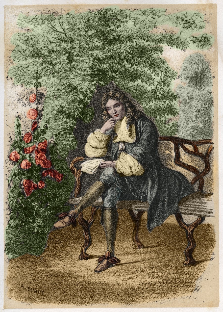 Retrato de Nicolas Boileau (1636-1711) dit Boileau-Despreaux (Boileau Despreaux), um escritor francês em sua casa em Auteuil. Gravura de A. Duruy em "Illustrations litteraires de la France; ou, Galerie anecdotique de nos principaux auteurs ints par leurs de A. Duruy