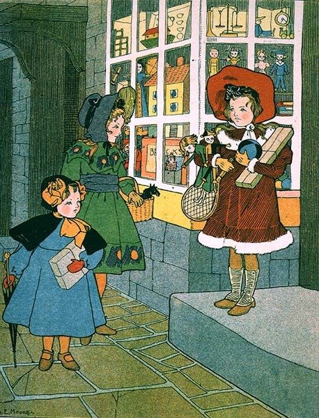 Uma visita à Toyshop, página de um livro infantil ilustrado de A. E. Moore
