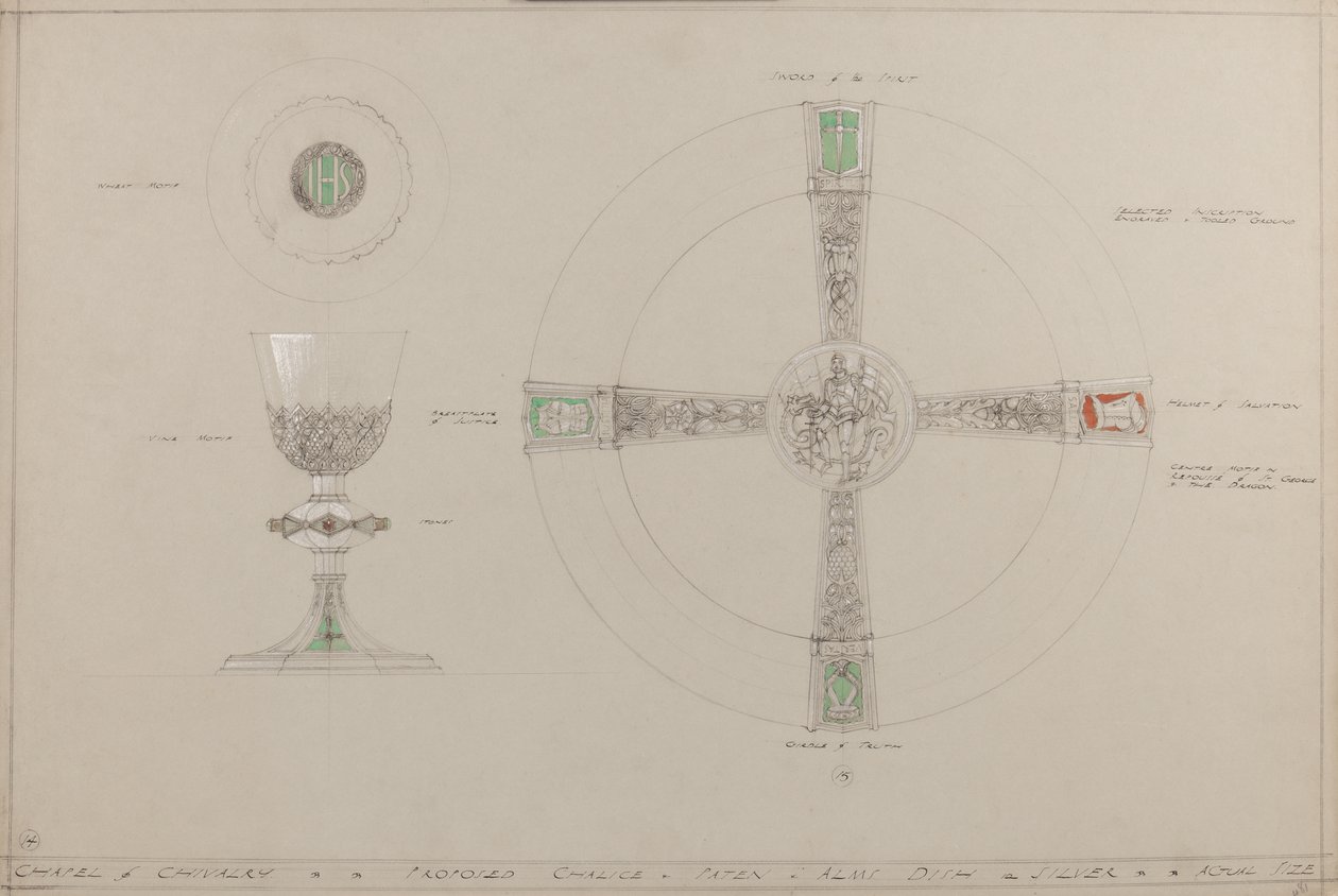 Capela da Cavalaria: cálice proposto, patena e prato de esmolas (lápis, tinta, pincel, wc e tinta prateada em cartão cinza) de A. Edward Jones and Co.