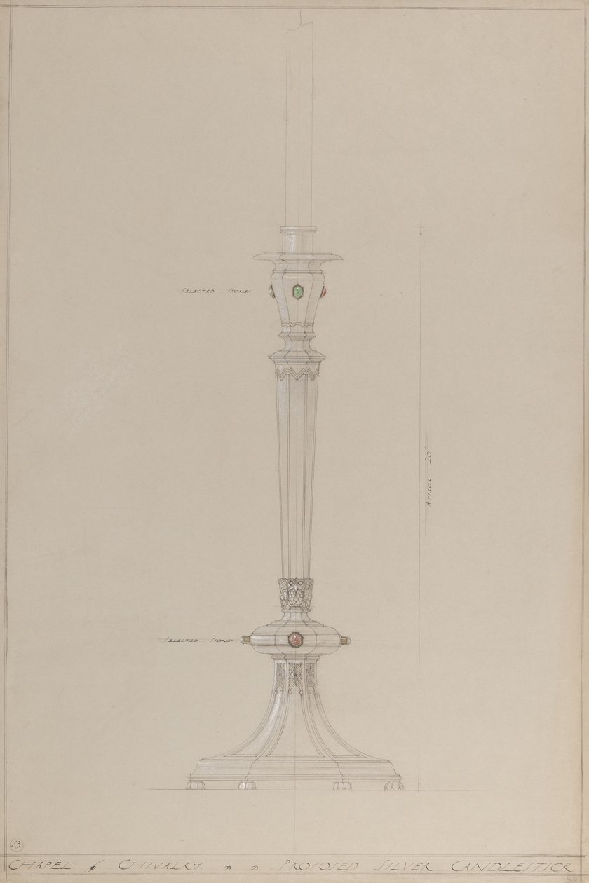 Chapel of Chivalry: proposto candelabro de prata (lápis, tinta, pincel, wc e tinta prateada em cartão cinza) de A. Edward Jones and Co.