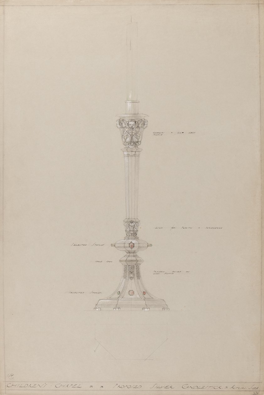 Capela das Crianças: proposto candelabro de prata, tamanho real (lápis, tinta, pincel, wc e tinta prateada em cartão cinza) de A. Edward Jones and Co.
