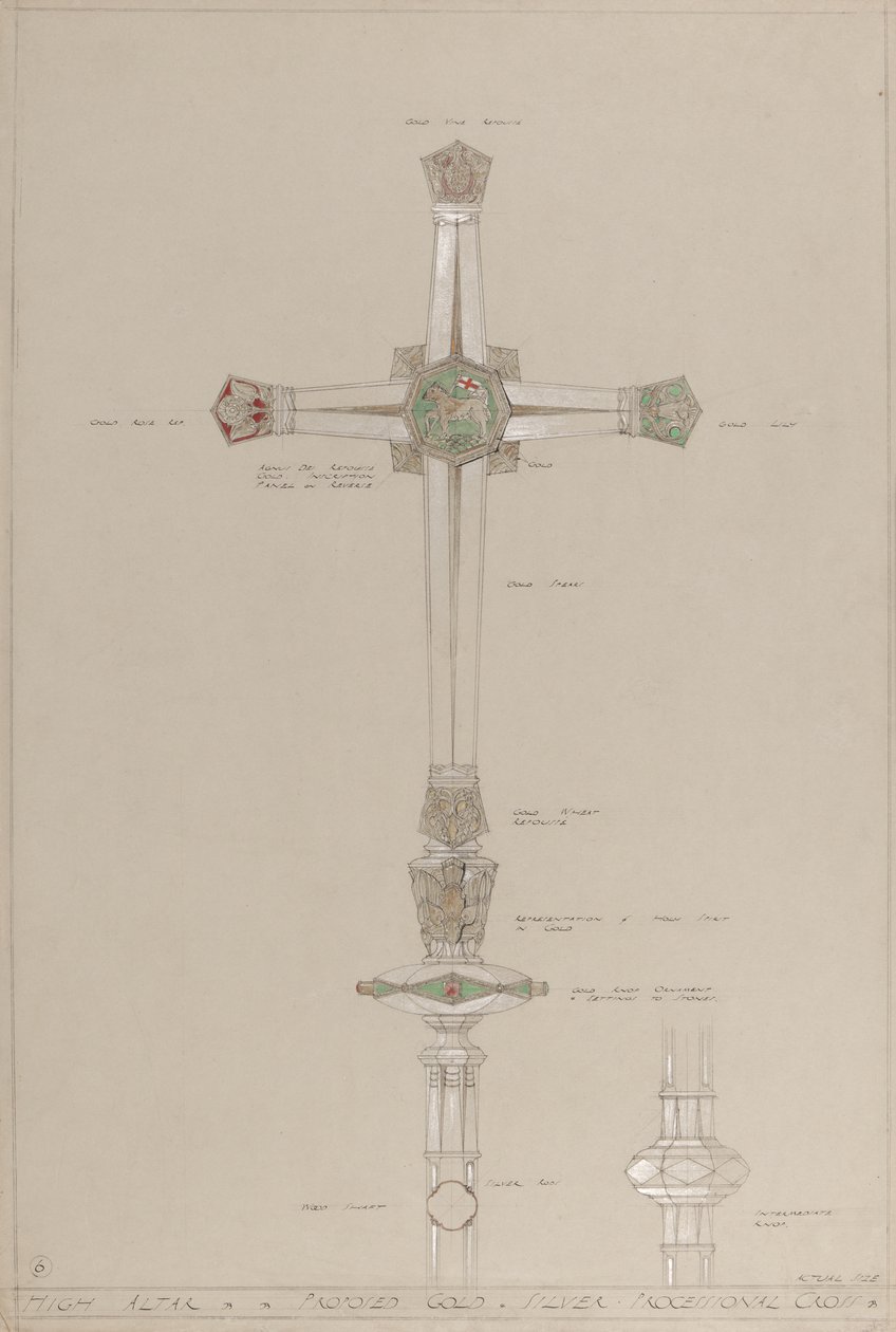 Altar Alto: proposta de cruz processional em ouro e prata, tamanho real (lápis, tinta, pincel, wc, prata e tinta dourada no cartão cinza) de A. Edward Jones and Co.