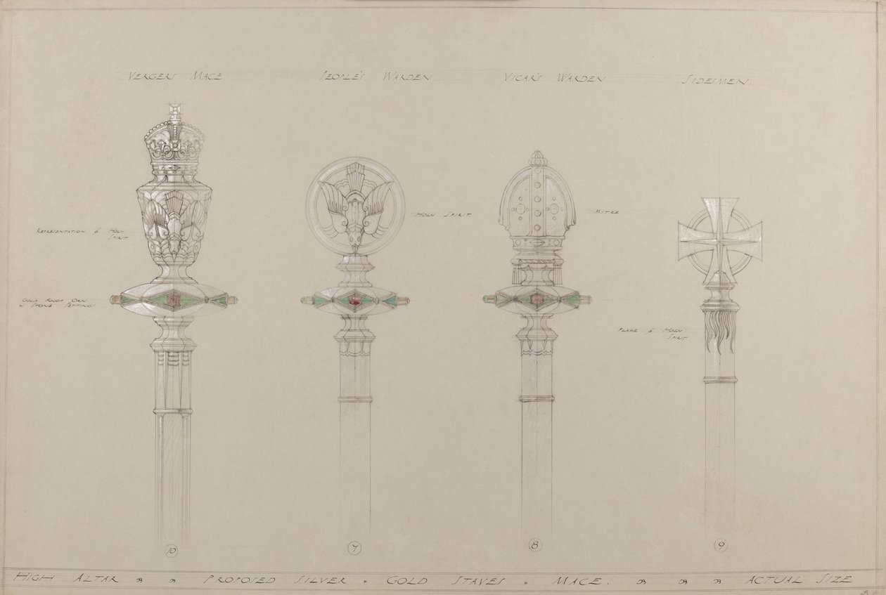 Altar alto: aduelas e aduelas de ouro e prata propostas, tamanho real (lápis, tinta, pincel, wc e tinta prateada em cartão cinza) de A. Edward Jones and Co.