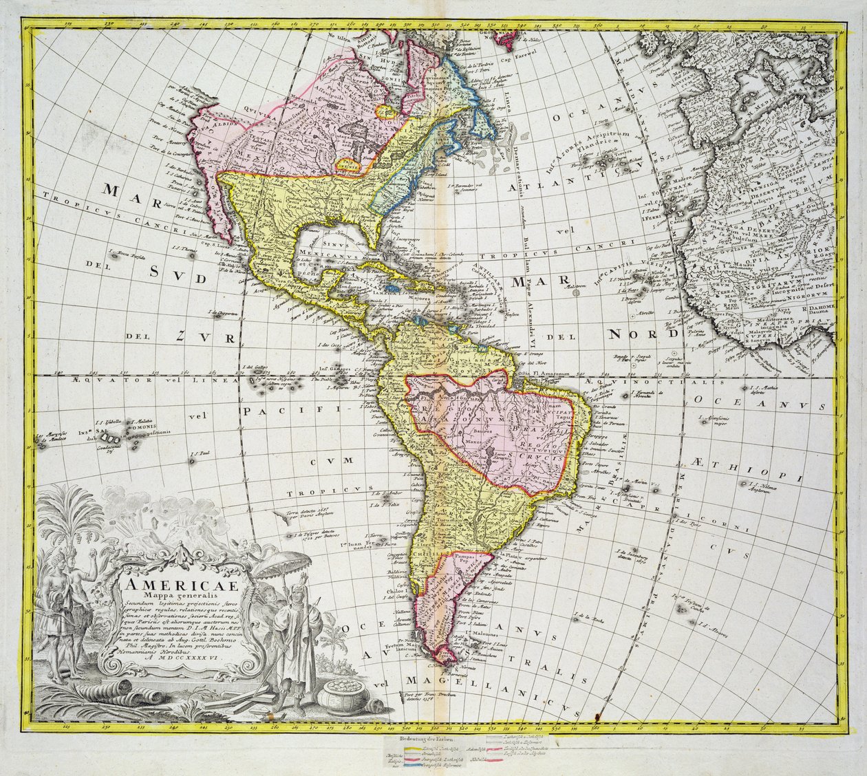 Mapa das Américas, publicado por Homann, 1746 (gravura a cores) de A. Gottlieb Boehm