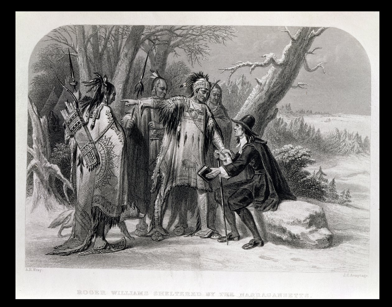 Roger Williams abrigado por Narragansetts, 1636, de "A História dos Estados Unidos", vol. Eu, de Charles Mackay, gravado por James Charles Armytage (c.1820-97) de A. H. Wray