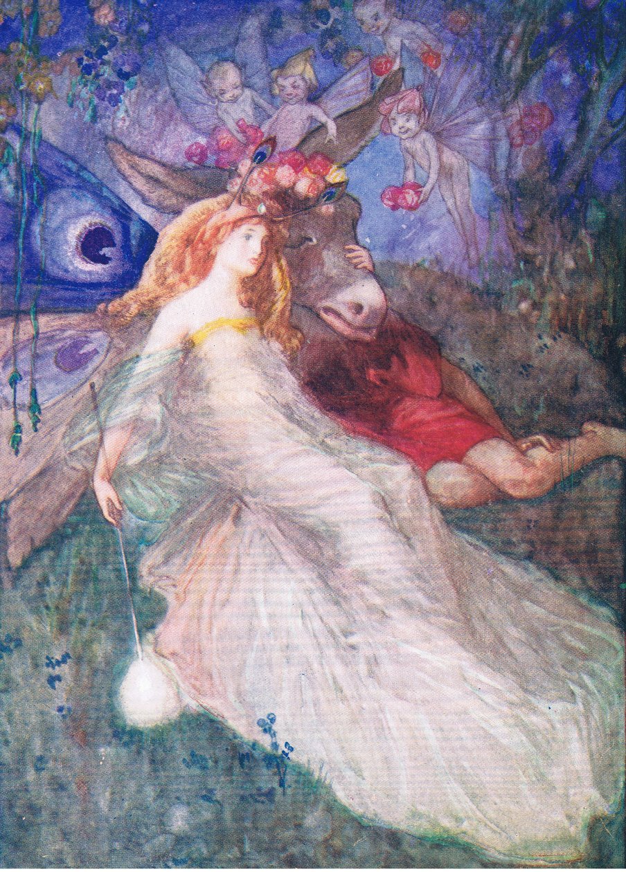 Inferior e a Rainha das Fadas (Sonho de uma Noite de Verão), de Tales from Shakespeare pub. por Ward Lock & Co Ltd, 1930-40s de A. Jackson