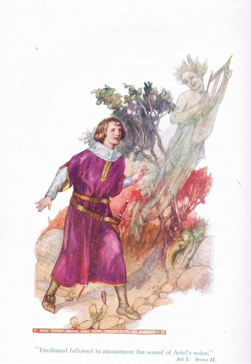 Ferdinand seguiu com espanto o som da voz de Ariel (The Tempest), de Tales from Shakespeare pub. por Ward Lock & Co Ltd de A. Jackson