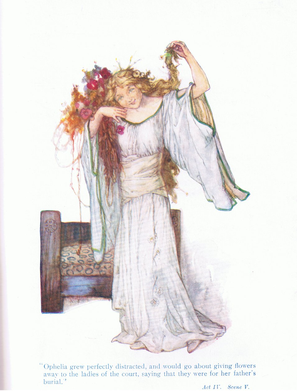 Ophelia cresceu perfeitamente distraída, e ia dar às damas da corte (Hamlet), de Tales from Shakespeare pub. por Ward Lock & Co Ltd de A. Jackson