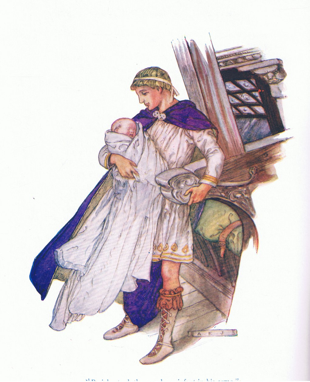 Pericles tomou o recém-nascido em seus braços (Pericles Prince of Tyre), de Tales from Shakespeare pub. por Ward Lock & Co Ltd de A. Jackson