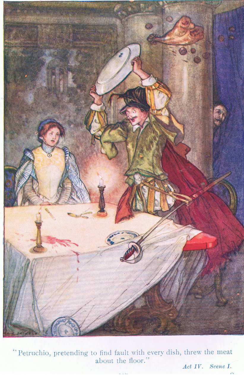 Pettruchio, fingindo encontrar falhas em cada prato, jogou a carne sobre o chão (o Domestic of the Shrew), de Tales from Shakespeare pub. por Ward Lock & Co Ltd de A. Jackson