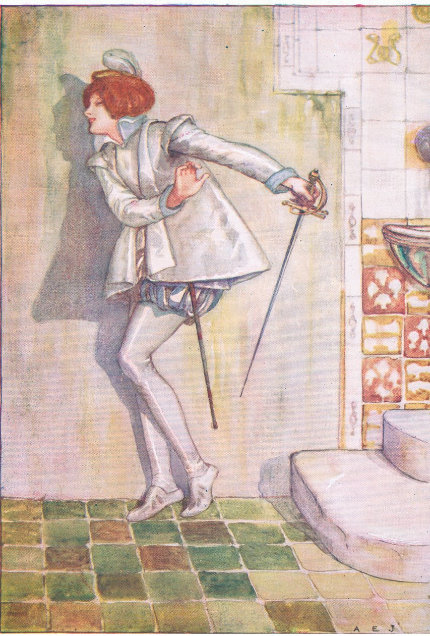 A pobre Viola temia olhar para a sua espada (Twelth Night), de Tales from Shakespeare pub. por Ward Lock & Co Ltd de A. Jackson