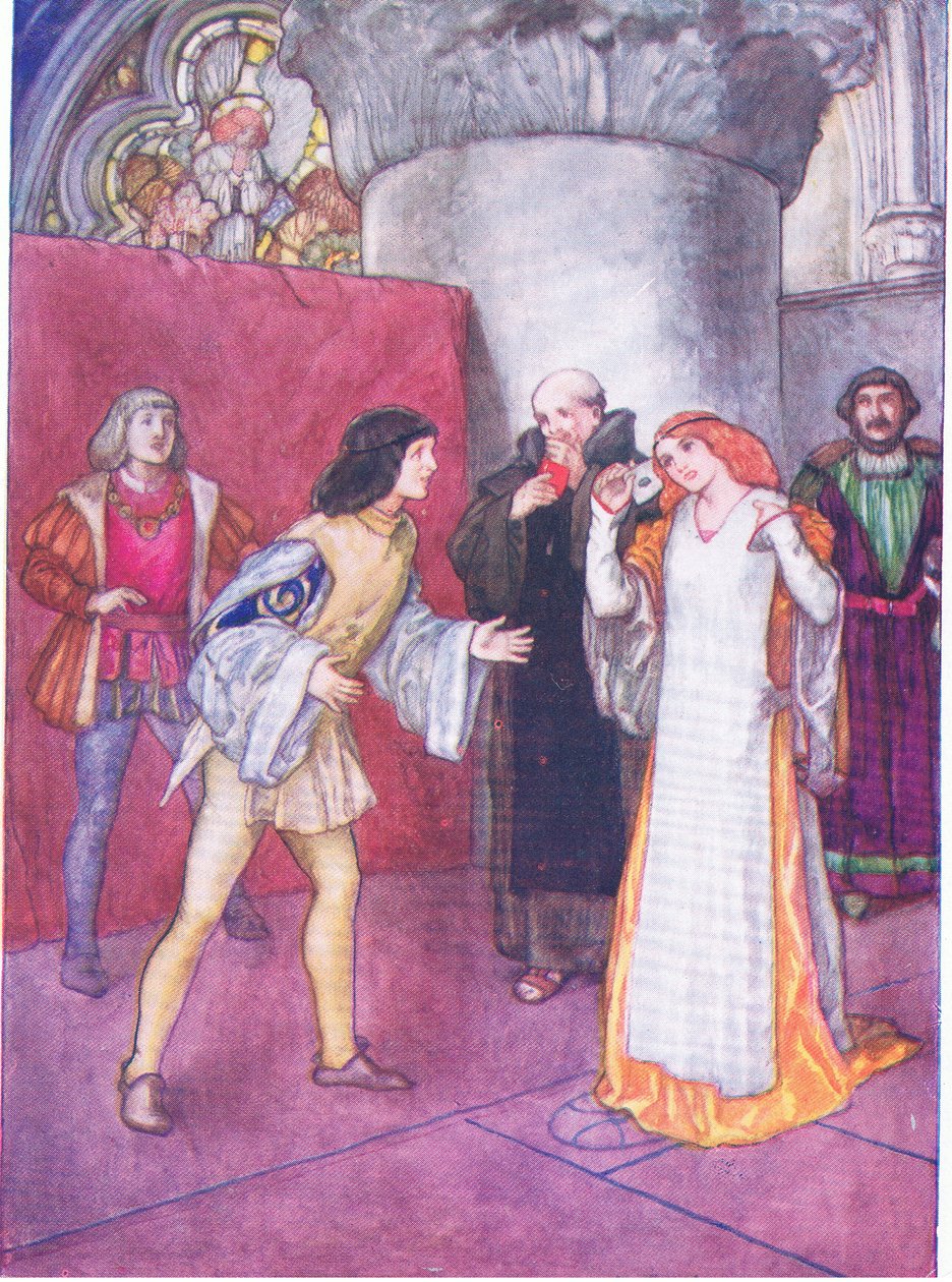 Tirando sua máscara, a senhora desconhecida provou não ser sobrinha (como foi apresentado) pela própria senhora herói (Much Ado About Nothing), de Tales from Shakespeare pub. por Ward Lock & Co Ltd de A. Jackson