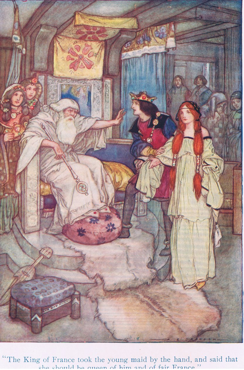 O rei da França tomou a jovem criada pela mão e disse que ela deveria ser a rainha dele e da bela França (King Lear), de Tales from Shakespeare pub. por Ward Lock & Co Ltd de A. Jackson