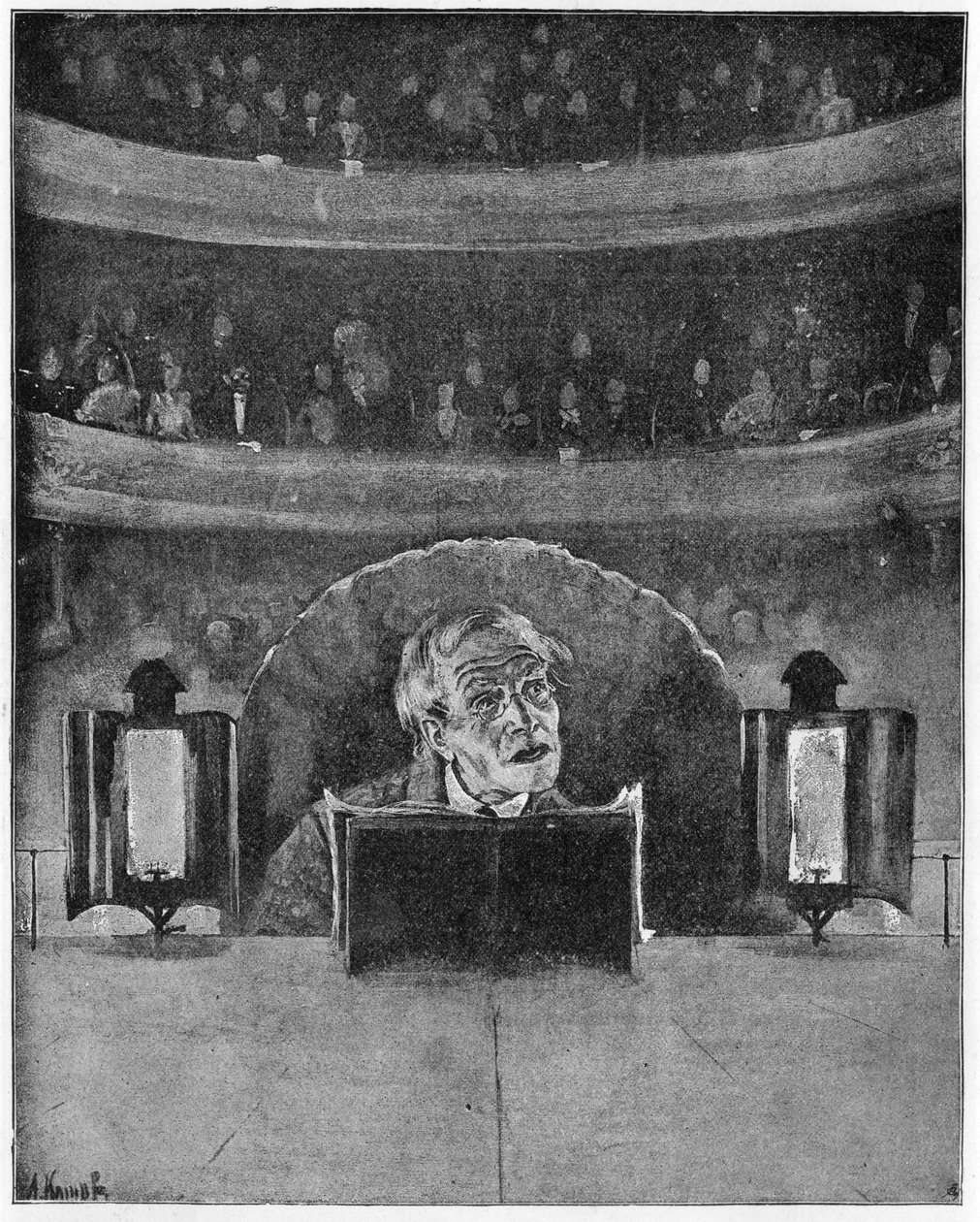 Como um ator vê sua audiência e o prompter, c.1890 de A. Kamak
