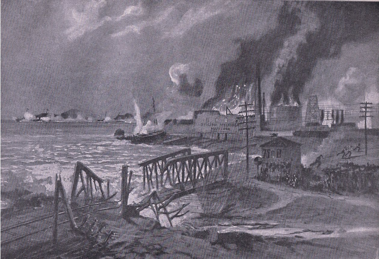 Destruição de um estaleiro naval em Bari (Itália) por destruidores de torpedos austro-húngaros, do pub The Illustrated History of the World War 1914-1915, pela Union Berlagsefellfchaft de A. Kircher