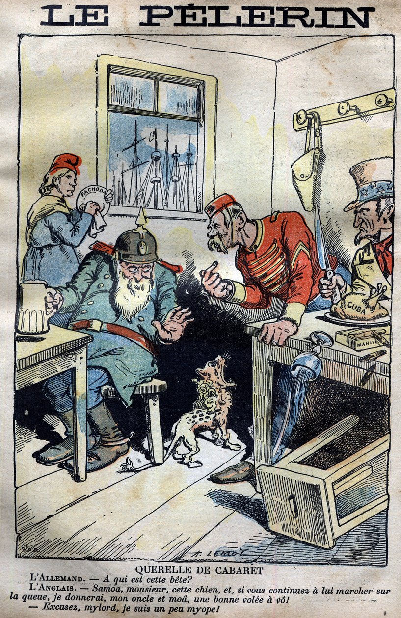 Cabaret Querelle: Desenho animado sobre as guerras coloniais entre Inglaterra, Alemanha, França e Estados Unidos em torno da situação em Fachoda, na África. Gravação de Lemot em "le Pelerin" de 23 de Abril de 1899 (A crise de Fachoda: grave incidente diplo de A Lemot