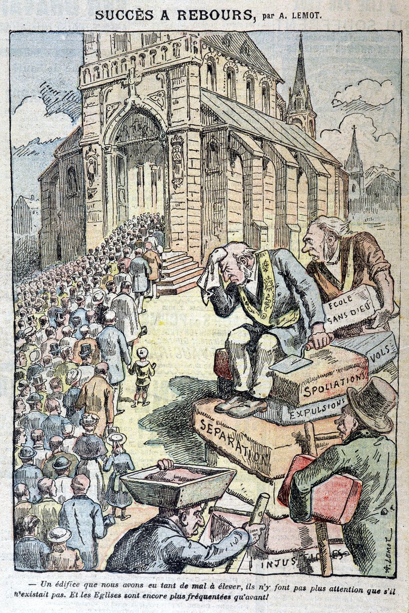 Sucesso da contagem decrescente: escolas sem Deus, roubo, despejos, separação... "E as igrejas estão ainda mais cheias do que antes!" - Cartum contra o anticlericalismo de Lemot, em "Le Pelerin" de 11/04/1909 de A Lemot