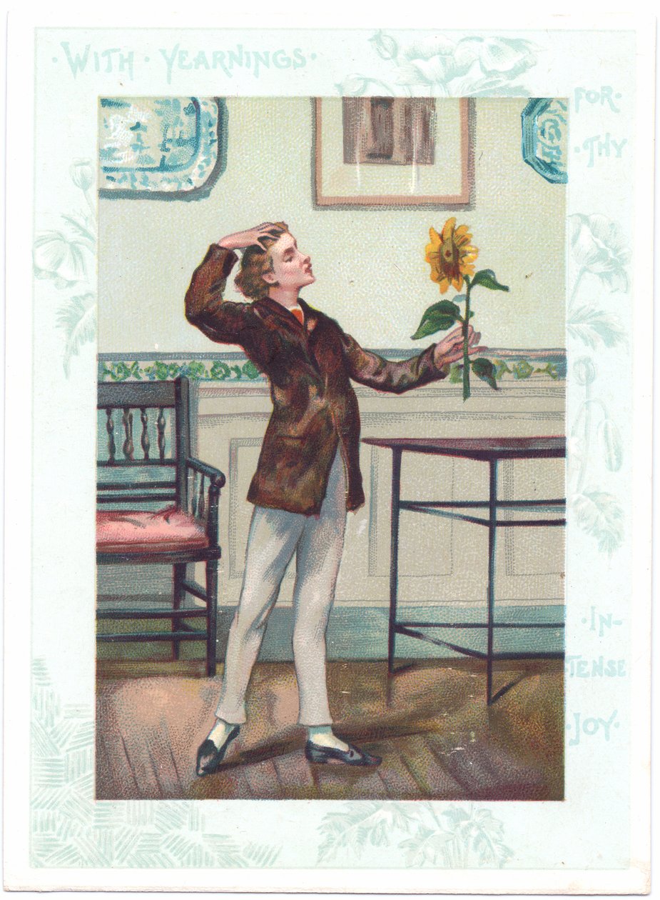 O cartão de felicitações vitoriano de um Estético que adora um girassol em ectasy, c.1881 (cor litho) de A. Ludovici