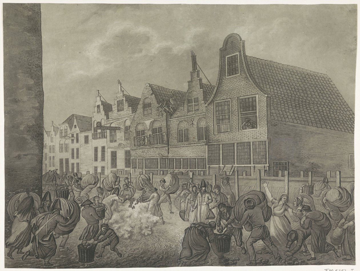Colapso da cofragem ao longo do Kortendijk em Gorinchem, 1809 Quatro placas do dilúvio em 1809 dedicadas ao rei Luís Napoleão (título da série) de A. Lutz