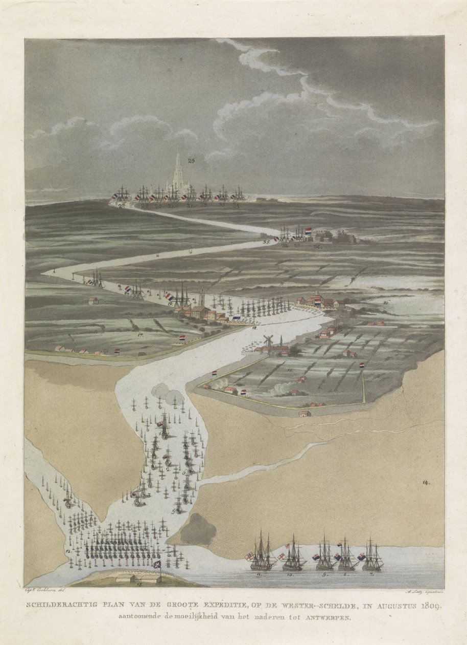 Expedição britânica a Antuérpia, 1809 Plano pitoresco da grande expedição, no Escalda Ocidental, em agosto de 1809. mostrando a dificuldade de se aproximar de Antuérpia (título no objeto) de A. Lutz